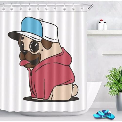 Funny Pug Lovely Dog Shower Curtain Cartoon Design Animal Bathroom Curtains Waterproof Polyester Fabric for Kids Bathtub Decor