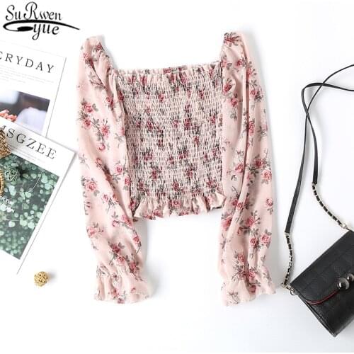 Print Floral Raglan Short Blouses Slim Boho Pullover Tops Women Blouse 2021 Autumn Female Long Sleeve Casual Chiffon Shirt 11186