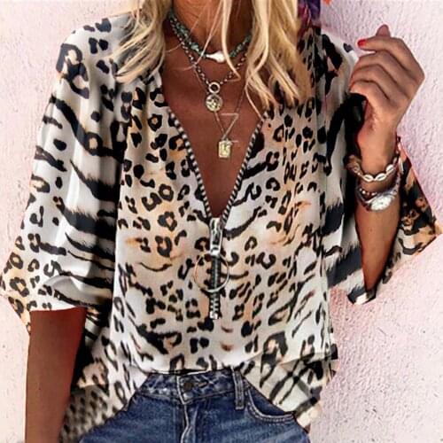 Leopard Tshirt women 2021 Summer Casual Plus Size Zipper Printed Loose Button Tunic tee shirt femme Tops Streetwear Рубашки