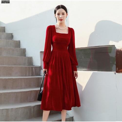 Women 2021 New Year Winter Spring Office Lady Vestidos French Black Long Elegant Party Velvet Dress