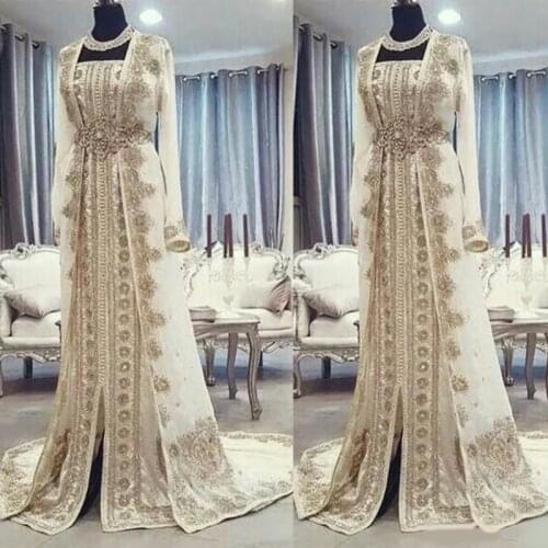 Caftan marocain Caftan Robes de soirée Dubai Abaya Arabe Manches Longues Incroyable Broderie Or Cou Cou Occasion Occasion Robe D