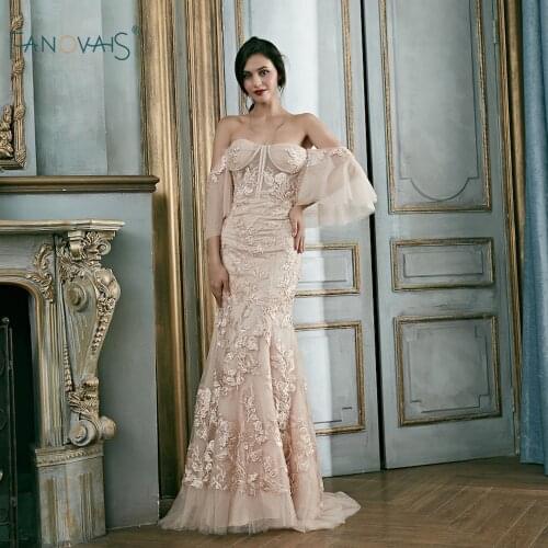 Elegant Mermaid Evening Dresses Long Off the Shoulder Prom Dress 2018 Lace Applique Beaded Evening Party Gown Robe de Soiree EN6