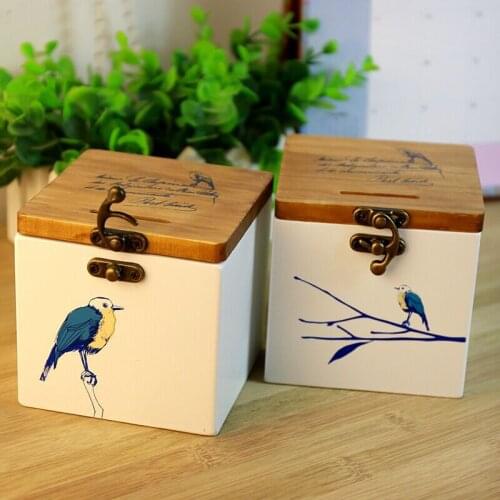 1pcs solid wood blue bird creative wood storage piggy bank savings storage box