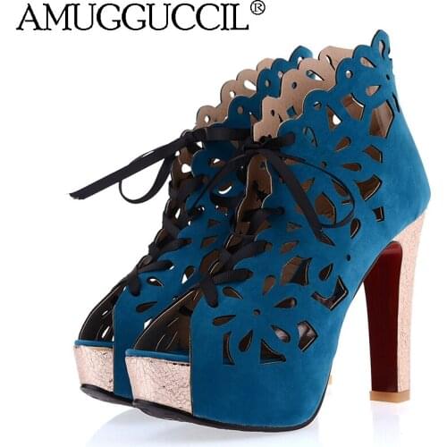 2020 New Plus Big Size 32-44 Black Red Blue Lace Up Fashion Sexy High Heel Platform Female Lady Sandal Women Summer Boot X1958