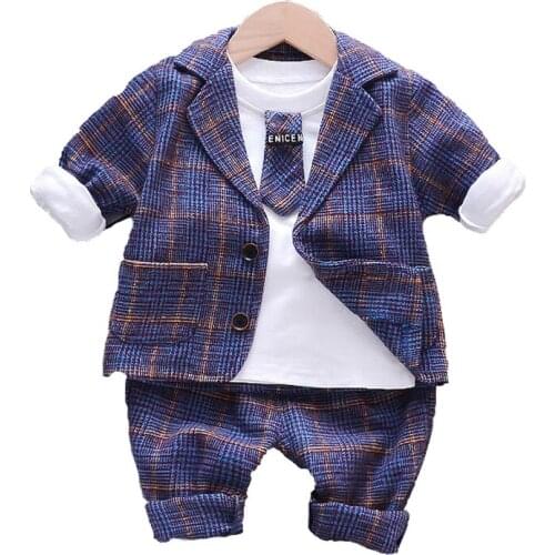 2021 New Children Autumn Clothes Sets Boys Formal Western Style Suit Plade Coat +T-shirt+Trousers 3pcs/set Short Necktie