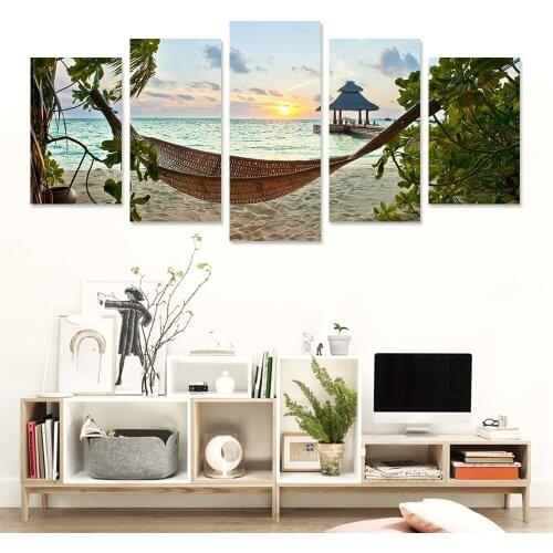 5 Piece Wall Art Canvas Painting Beautiful Setting Sun Landscape Seascape Poster Modern Living Room Decoration Pictures