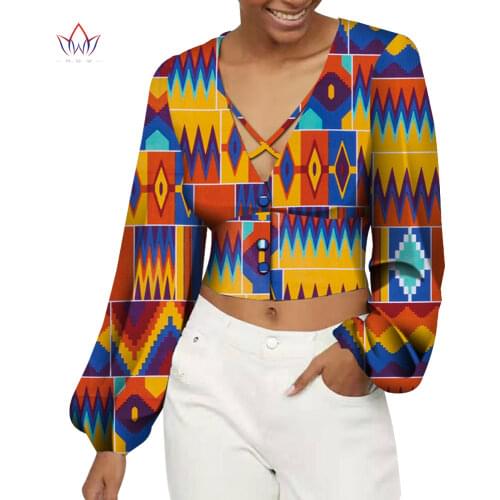 African Dashiki Lantern Sleeve Print Tops Shirts for Women Bazin Riche African Clothing V Neck Sexy Short Top Customize WY4945