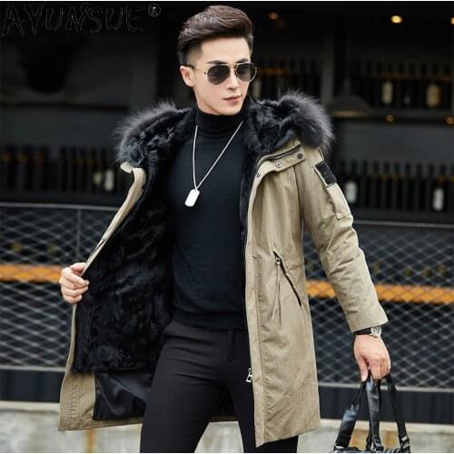 AYUNSUE Winter Jacket Men Thick Parka Hooded Clothes Real Wool Fur Coat 100% Raccoon Fur Collar Jackets Hommes Veste LXR870