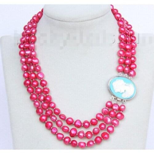 Baroque 18" 3row 8-9mm red pearls necklace seashell clasp Factory Wholesale price Women Gift word JewelryCZ Luxury Ms. girl