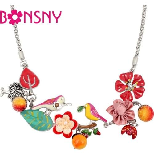 Bonsny Enamel Alloy Floral Bird Flower Beetles Fruit Tree Choker Necklace Pendant Lovely Cartoon Jewelry For Women Girls Teens