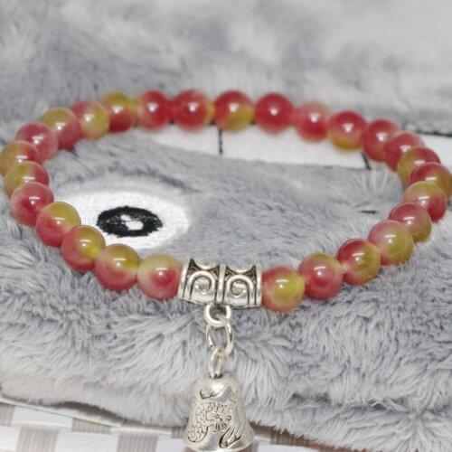 Beauty natural rainbow colors jades stone chalcedony bracelet for women 6mm round beads bell accessories jewelry 7.5inche B1912