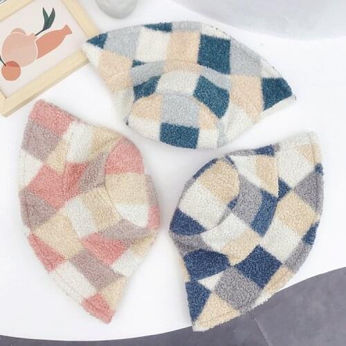 British Style Ladies Hat Plaid Retro Fashion Fisherman Hats Autumn and Winter Warm Lambskin Basin Cap Japanese Big Brim Caps