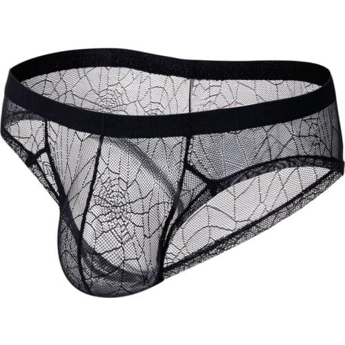 Gay Sissy Lingerie for Mens Sexy Underwear Low-rise Thong Lace spider web Mesh Perspective Soft Nylon Briefs Panties Jockstrap