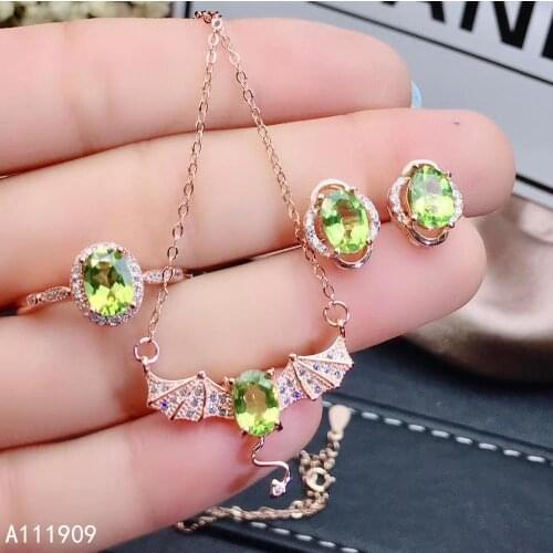 KJJEAXCMY boutique jewelry 925 sterling silver inlaid Natural Peridot Ring Earring Necklace Womens Set Support detection fine
