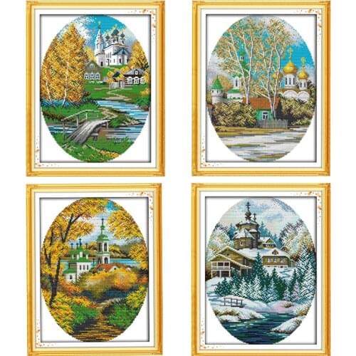 Four Seasons scenery cross stitch handmade suite, spring, summer, autumn and winter coastal landscape embroidery Crafts hanging
