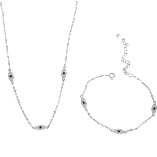 Evil eye bracelet necklace set elegance women party gift jewelry 100% 925 sterling silver 3 pcs cute eye charm 925 jewelry set