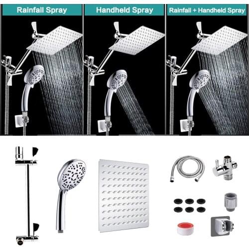 8 '' High Pressure Stainless Steel Rain Shower Head / Hand Combo with 11 '' Extension Arm, 9 Adjustable Positions