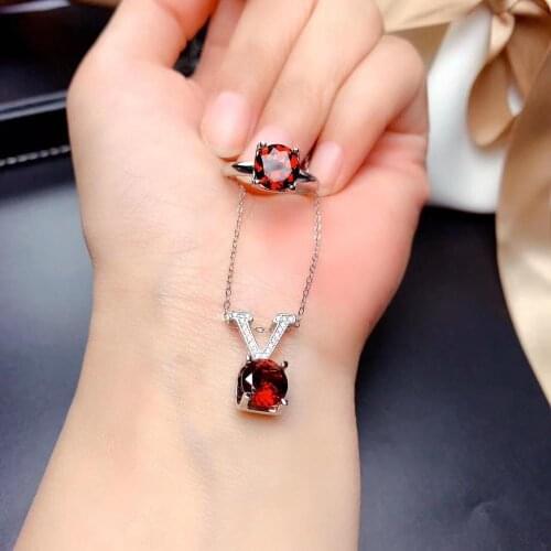 Natural real red garnet luxury style jewelry set 1pc ring 1pc pendant gemstone 925 sterling silver
