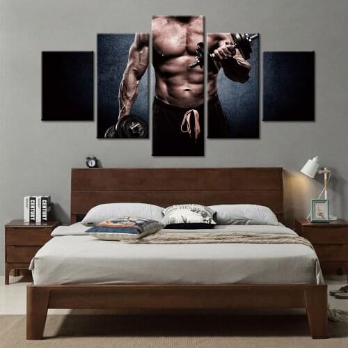 Fitness Equipment Dumbbell Player Wall Art Barbell Poster 5 Panel Canvas Painting Pictures for Living Room