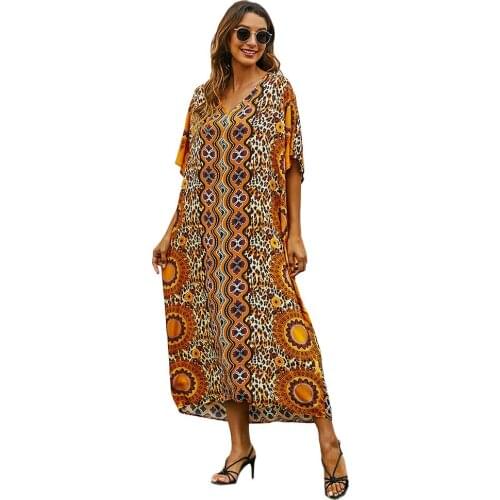 Muslim Large Size Ladies Long Dress Middle East Turkish Style Print Short Sleeve Dress 2021spring Summer New Leisure Dubai Abaya