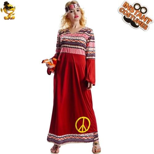 Halloween Cosplay Flower Power Hippie Lady Costume Funny Disco Fancy Dress Costume With Headpiece