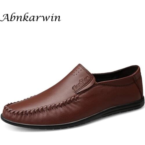 Brand Solid Brown Handmade Slip On Genuine Leather Shoes Men Autumn Adult Casual Mens Flats Comfortable
