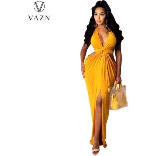 VAZN 2021 Formal Elegant Night Party Backless Deep V-neck Solid Sleeve Maxi Dress Shinny Night Party Shinny Slim Dress