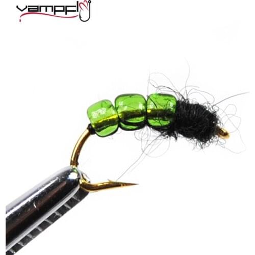 Vampfly 12PCS #14 Glass Bead Caddis Pupae Fly for Trout and Steelhead Wet Bead Head Flies Caddis Pupa Nymph Green