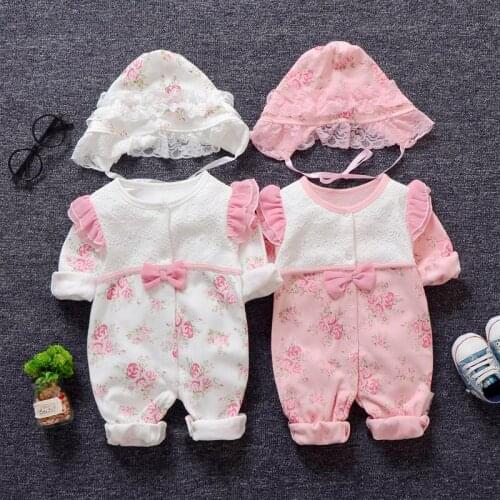 Spring Newborn Baby Girl Clothes Floral Lace Rompers+Hats Girls Clothing Sets Princess Jumpsuit
