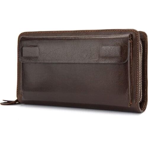 YIANG Double Zipper Money Clip Wallet Purses Genuine Leather Business high-capacity clutch Bag
