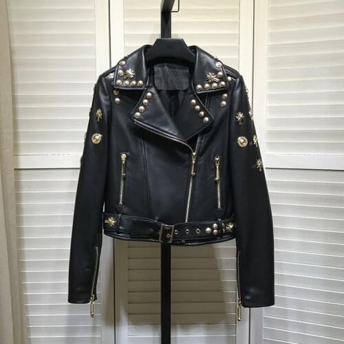 2020 Autumn Chic womens Sheepskin Moto&Biker leather jackets High quality Rivets Genuine leather coat C245