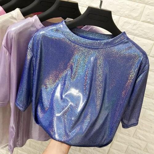 2019 New Fashion Summer Women Cool Glossy T-shirt Female Loose Round Neck Tees BLING Shiny Student Short-sleeved Tops Shirt W742