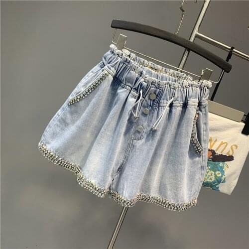 Shnsophi 2021 Summer Women Wide Leg Denim Shorts Ladies Fashion New Exquisite Rhinestone Loose A- Line Korean Jeans Hot Pants