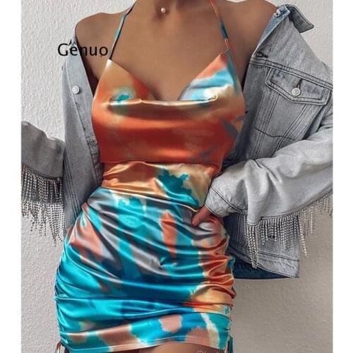 Sexy Summer Dress 2021 Women Spaghetti Strap Bodycon Dress Slim Stretch Multi Wear Ruched Club Satin Dress Vestidos