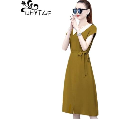 UHYTGF Woman summer dress fashion short sleeve pullover chiffon elegant dresses for women bandage loose 4XL plus size dress 950