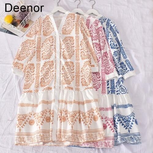 Deenor Spring Autumn Fashion Match Loose Printed Shirt a Line Full Long Dress for Women Temperament Womens Shirt Dress