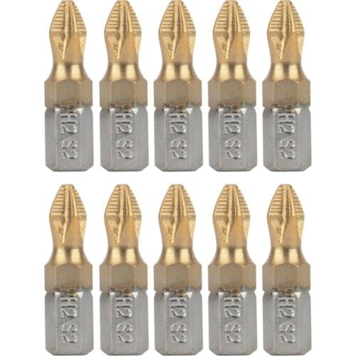10pcs/set 25mm Screwdriver Head 1/4" Shank Anti Slip PH2 Titanium Coated Screwdriver Bit Drill Bits