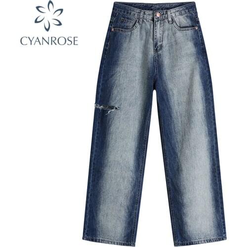 2021 High Waist Ripped Jeans Womens Streetwear Loose Gradient Blue Denim Long Pants Lady Autumn New Vintage Y2k Wide Leg Jeans