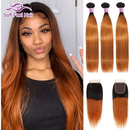 4 Colors Ombre Brazilian Straight Hair Weave Bundles With Closure Ombre Remy Human Hair 3/4 Bundles With Closure Soft Feel Hair