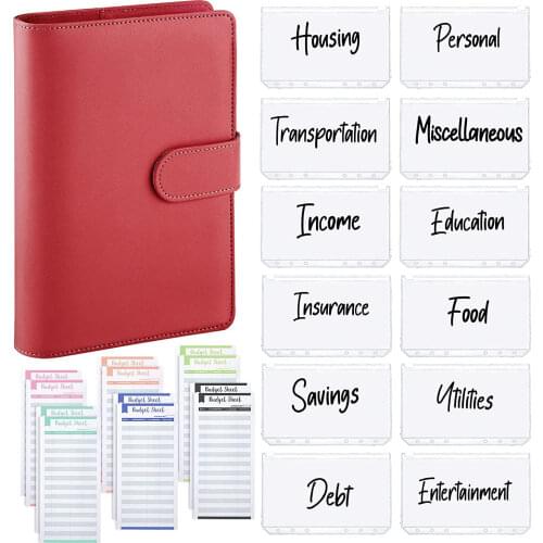 A6 PU Leather 6 Ring Budget Binder Planner with 12 Clear Pockets 12 Expense Budget Sheets for Money Saving Cash Envelopes System