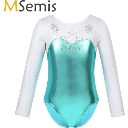 Girls Shiny Metallic Long Sleeves Ballet Dance Sports Jumpsuit Costumes Kids Rhinestone Snowflake Gymnastics Leotard Swimsuit