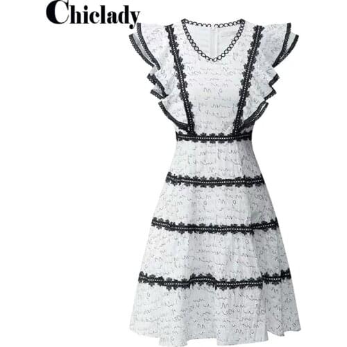 CHICLADY elegant office lady butterfly high sleeve white dress embroidery lace hollow out A-line party casual dresses robe de pl