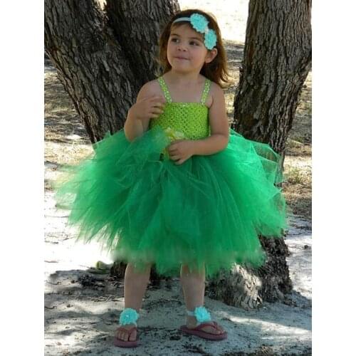 Lovely Girls Green Crochet Flower Tutu Dress Kids Fluffy 2Layer Tulle Ballet Tutus with Ribbon Bow Headband Children Party Dress