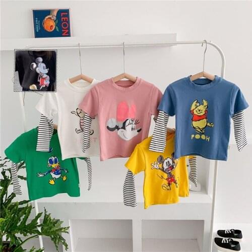 Disney Mickey Minnie Donald Duck Children Long sleeve T-shirts Cartoon Pooh Bear Daisy Sweatshirt For Kids Fake Two Pieces