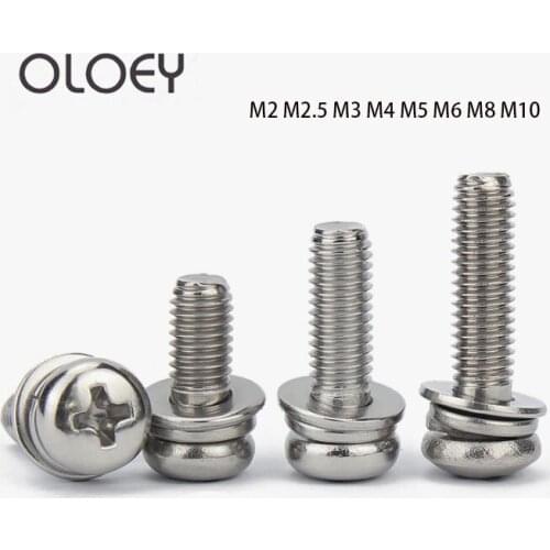 M2-M10 Phillips Pan Head Three Combination Machine Screws 304 Stainless Steel Cross Round Head With Washer Sems Screws Bolts Kit