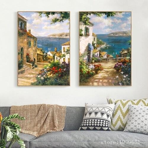 Mediterranean pastoral green sea landscape canvas printings oil painting printed on cotton home wall art decoration pictures