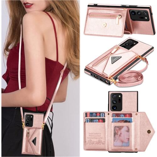Zipper Wallet for Samsung Galaxy S20 S21 FE Note 20 Plus Ultra A52 A72 A12 5G Case Card Holder Lanyard Strap Crossbody Leather
