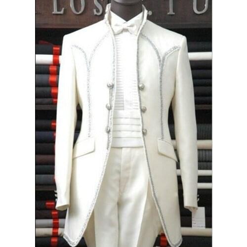 Custom Made Groomsmen Mandarin Lapel Groom Tuxedos Ivory Men Suits Wedding/Prom Best Man (Jacket+Pants+Tie+Hankerchief) C22
