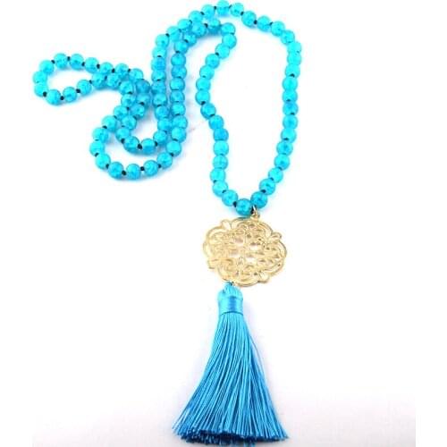 MOODPC Fashion Bohemian Jewelry Popcorn Glass Long Knotted Metall Grid Link Tassel Pendant Necklaces