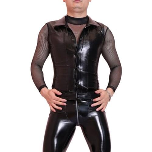 Men Faux Leather Black PVC Shiny Vest Punk Club Dance Wear Light Standard Cool Wear